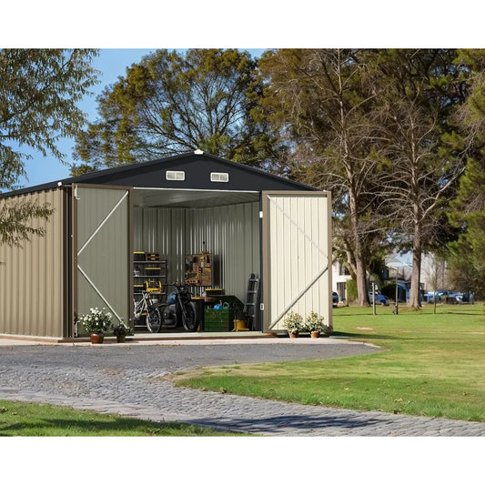 Outdoor Storage Shed 10FT X 10FT, Steel Utility Tool Shed with Door Lock, Metal Shed Outdoor Storage Room, Brown