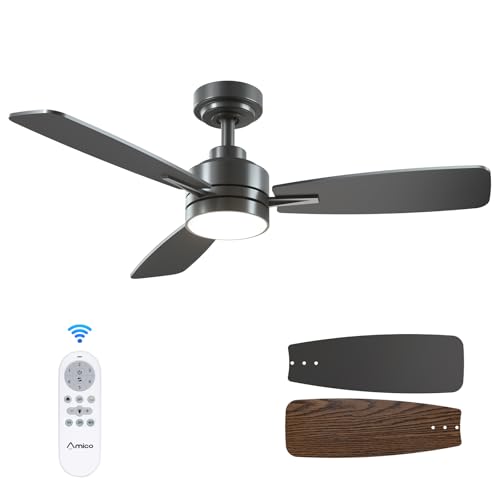 Amico Ceiling Fans with Lights, 44 inch Ceiling Fan with Light and Remote Control, Reversible, 3CCT, Dimmable, Noiseless, Small Black Ceiling Fan for Bedroom, Indoor/Outdoor Use