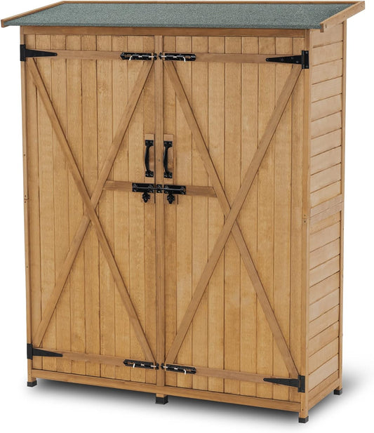 Outdoor Storage Cabinet, Wood Garden Shed, outside Tool Shed, Vertical Organizer Cabinet with Double Lockable Doors for Outside, Garden and Yard 1400 Natural