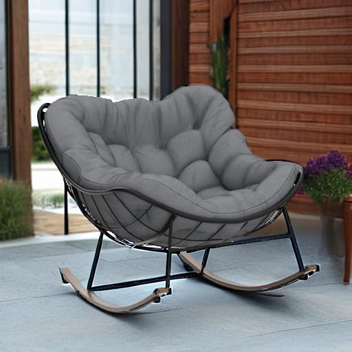 Grand patio Rocking Chair Outdoor, E-Coated Papasan Rocking Chair with Cushion, Outdoor Rocker Recliner Chair for Patio Porch Garden Backyard, Grey