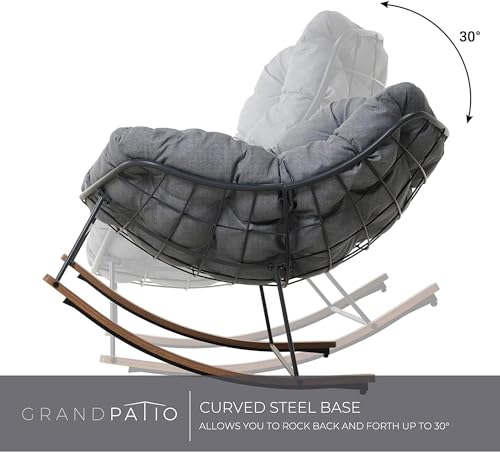 Grand patio Rocking Chair Outdoor, E-Coated Papasan Rocking Chair with Cushion, Outdoor Rocker Recliner Chair for Patio Porch Garden Backyard, Grey