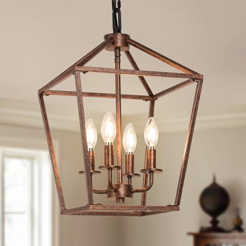 4 Light Chandelier, Industrial Ceiling Light Black Lantern Light Fixtures with Farmhouse Metal Cage Adjustable Height Rustic Geometric Hanging Light E12 Base for Kitchen Island, Entryway, Indoor