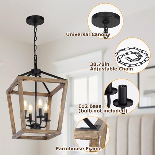 4 Light Chandelier, Industrial Ceiling Light Black Lantern Light Fixtures with Farmhouse Metal Cage Adjustable Height Rustic Geometric Hanging Light E12 Base for Kitchen Island, Entryway, Indoor