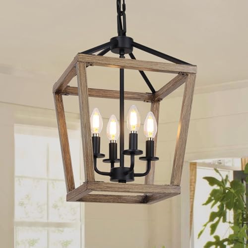 4 Light Chandelier, Industrial Ceiling Light Black Lantern Light Fixtures with Farmhouse Metal Cage Adjustable Height Rustic Geometric Hanging Light E12 Base for Kitchen Island, Entryway, Indoor