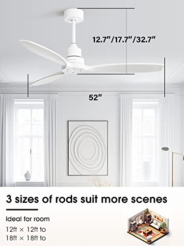 Sofucor 52" Ceiling Fan with Lights Remote Control, 3 Poles for Indoor Outdoor Ceiling Fan with Remote, Reversible Noiseless ETL Motor, 3 Walnut Wooden Blades