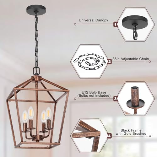 4 Light Chandelier, Industrial Ceiling Light Black Lantern Light Fixtures with Farmhouse Metal Cage Adjustable Height Rustic Geometric Hanging Light E12 Base for Kitchen Island, Entryway, Indoor