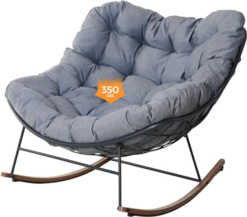 Grand patio Rocking Chair Outdoor, E-Coated Papasan Rocking Chair with Cushion, Outdoor Rocker Recliner Chair for Patio Porch Garden Backyard, Grey