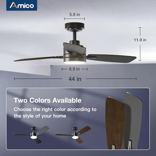 Amico Ceiling Fans with Lights, 44 inch Ceiling Fan with Light and Remote Control, Reversible, 3CCT, Dimmable, Noiseless, Small Black Ceiling Fan for Bedroom, Indoor/Outdoor Use