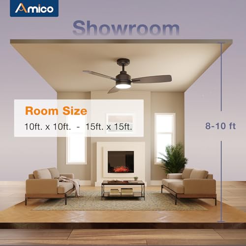 Amico Ceiling Fans with Lights, 44 inch Ceiling Fan with Light and Remote Control, Reversible, 3CCT, Dimmable, Noiseless, Small Black Ceiling Fan for Bedroom, Indoor/Outdoor Use