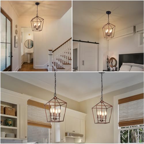 4 Light Chandelier, Industrial Ceiling Light Black Lantern Light Fixtures with Farmhouse Metal Cage Adjustable Height Rustic Geometric Hanging Light E12 Base for Kitchen Island, Entryway, Indoor