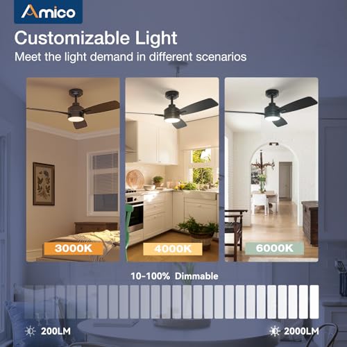 Amico Ceiling Fans with Lights, 44 inch Ceiling Fan with Light and Remote Control, Reversible, 3CCT, Dimmable, Noiseless, Small Black Ceiling Fan for Bedroom, Indoor/Outdoor Use