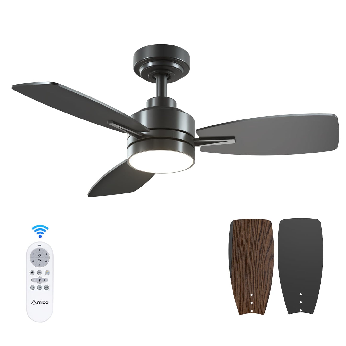 Amico Ceiling Fans with Lights, 44 inch Ceiling Fan with Light and Remote Control, Reversible, 3CCT, Dimmable, Noiseless, Small Black Ceiling Fan for Bedroom, Indoor/Outdoor Use