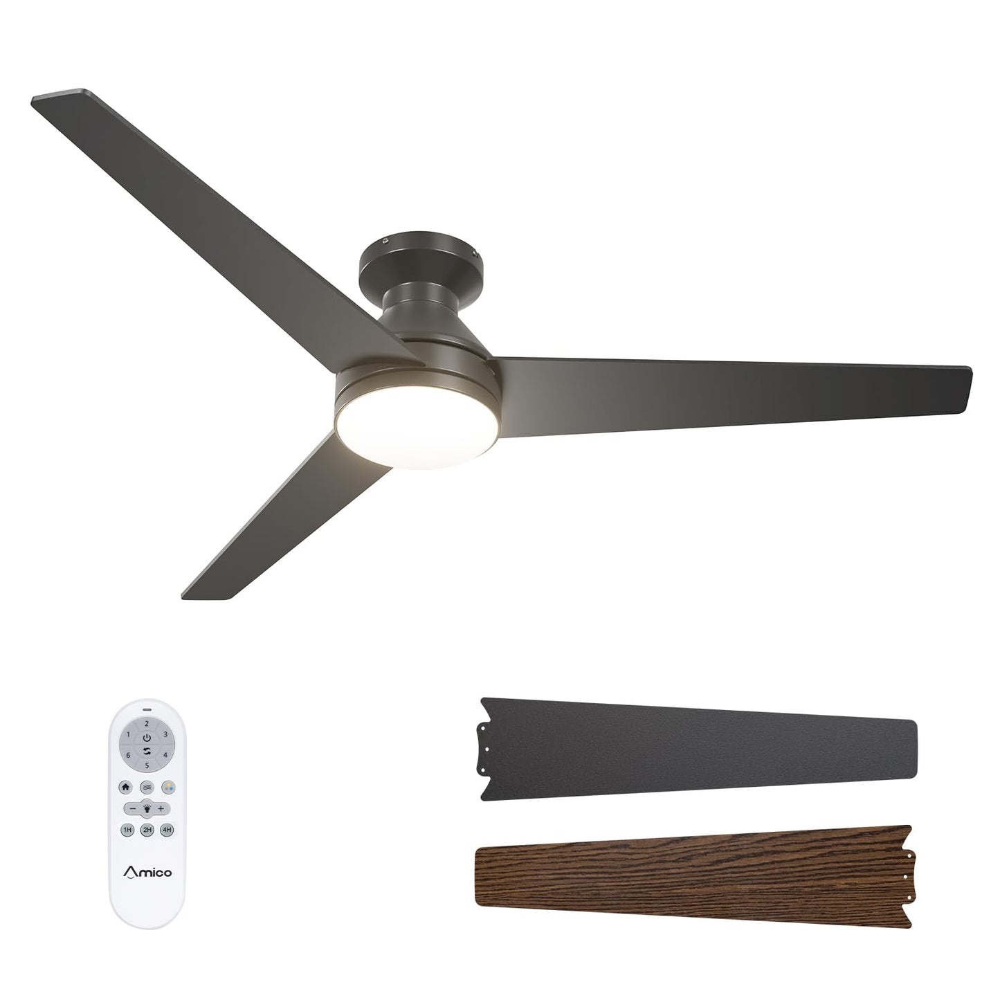 Amico Ceiling Fans with Lights, 42 inch Low Profile Ceiling Fan with Light and Remote Control, Flush Mount, Reversible, 3CCT, Dimmable, Noiseless, Black Ceiling Fan for Bedroom, Indoor/Outdoor Use