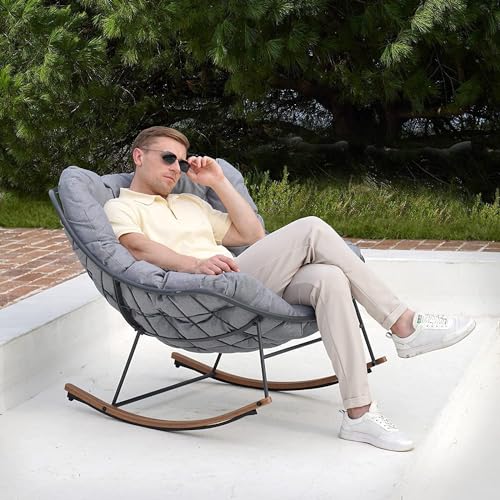 Grand patio Rocking Chair Outdoor, E-Coated Papasan Rocking Chair with Cushion, Outdoor Rocker Recliner Chair for Patio Porch Garden Backyard, Grey