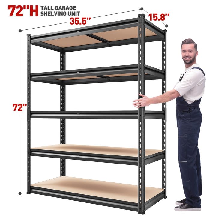 REIBII 2500LBS Garage Shelving 72''H Storage Shelves Heavy Duty Shelving 5 Tier Metal Shelves for Garage Shelves Adjustable Shelving Units and Storage for Closet Pantry Shelf, 72" H x 40" W x 20" D