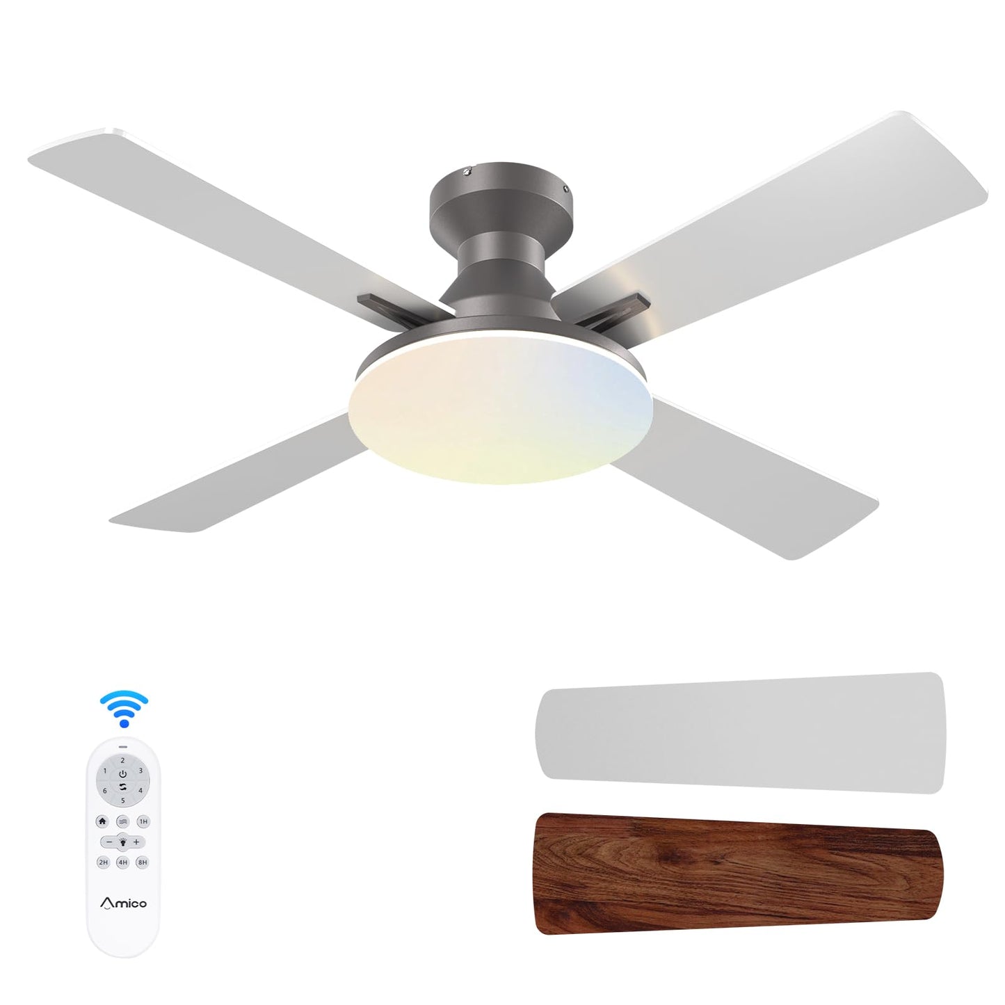 Amico Ceiling Fans with Lights, 44 inch Flush Mount Ceiling Fan with Light and Remote Control, Low Profile, Reversible, 5CCT Dimmable 4 Blades White Ceiling Fan for Bedroom Indoor/Outdoor Use