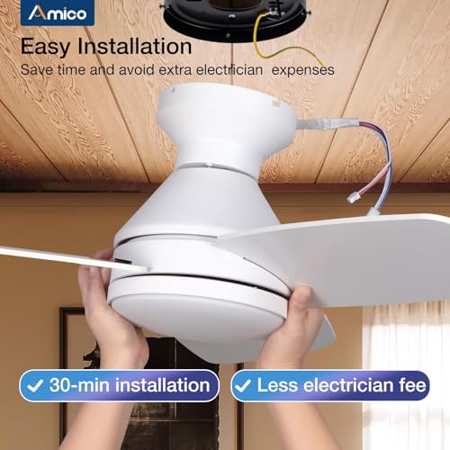 Amico Ceiling Fans with Lights, 42 inch Low Profile Ceiling Fan with Light and Remote Control, Flush Mount, Reversible, 3CCT, Dimmable, Noiseless, Black Ceiling Fan for Bedroom, Indoor/Outdoor Use