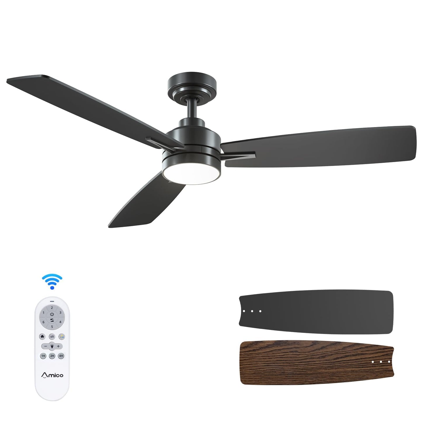 Amico Ceiling Fans with Lights, 44 inch Ceiling Fan with Light and Remote Control, Reversible, 3CCT, Dimmable, Noiseless, Small Black Ceiling Fan for Bedroom, Indoor/Outdoor Use