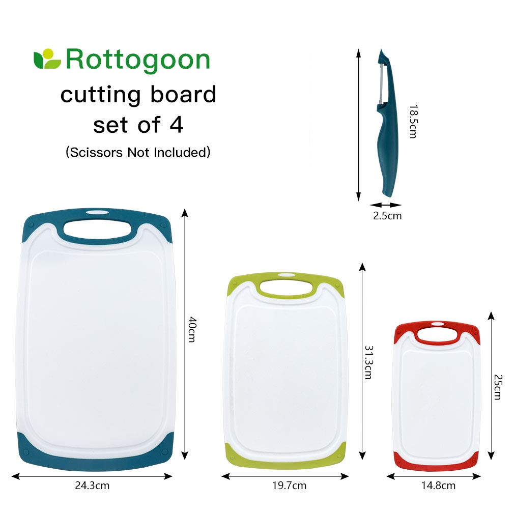 Cutting Boards for Kitchen, Plastic Chopping Board Set of 4 with Non-Slip Feet and Deep Drip Juice Groove, Easy Grip Handle, Dishwasher Safe, Green