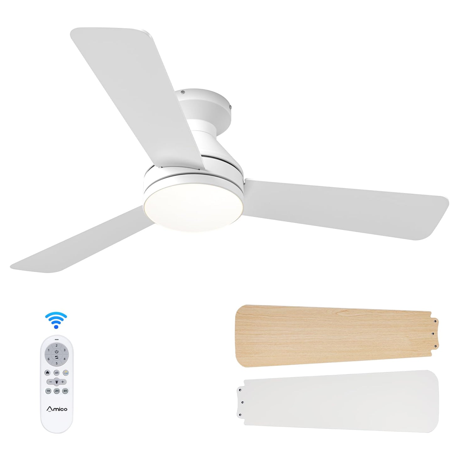 Amico Ceiling Fans with Lights, 42 inch Low Profile Ceiling Fan with Light and Remote Control, Flush Mount, Reversible, 3CCT, Dimmable, Noiseless, Black Ceiling Fan for Bedroom, Indoor/Outdoor Use