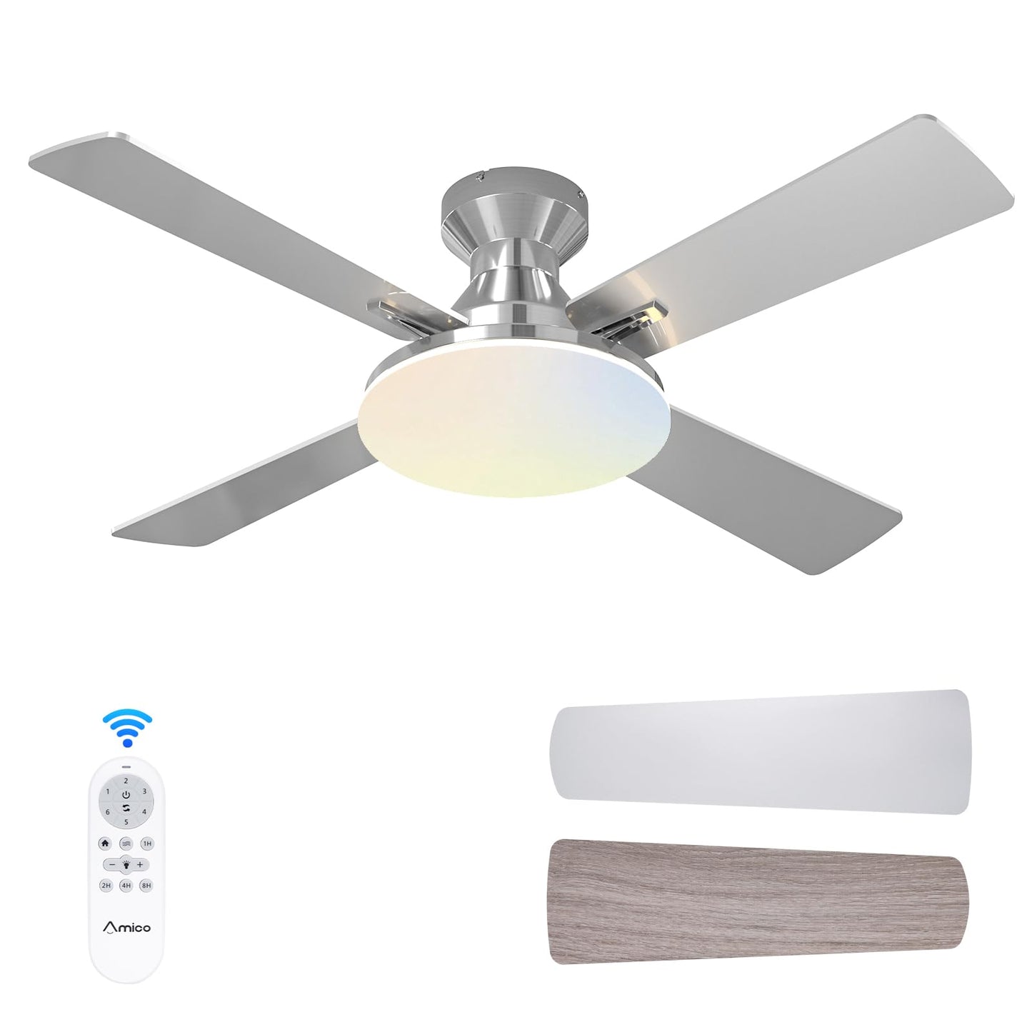 Amico Ceiling Fans with Lights, 44 inch Flush Mount Ceiling Fan with Light and Remote Control, Low Profile, Reversible, 5CCT Dimmable 4 Blades White Ceiling Fan for Bedroom Indoor/Outdoor Use