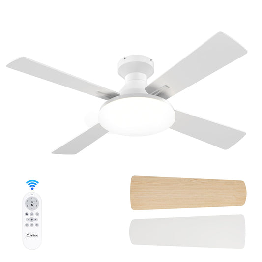 Amico Ceiling Fans with Lights, 44 inch Flush Mount Ceiling Fan with Light and Remote Control, Low Profile, Reversible, 5CCT Dimmable 4 Blades White Ceiling Fan for Bedroom Indoor/Outdoor Use