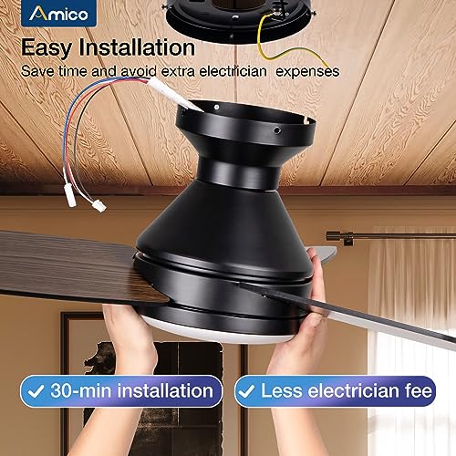 Amico Ceiling Fans with Lights, 42 inch Low Profile Ceiling Fan with Light and Remote Control, Flush Mount, Reversible, 3CCT, Dimmable, Noiseless, Black Ceiling Fan for Bedroom, Indoor/Outdoor Use