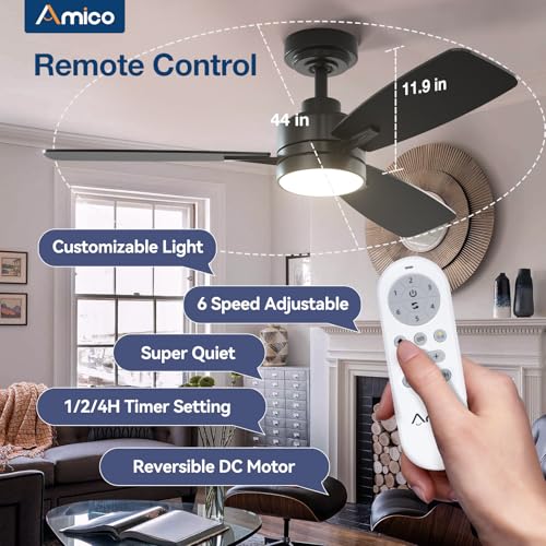 Amico Ceiling Fans with Lights, 44 inch Ceiling Fan with Light and Remote Control, Reversible, 3CCT, Dimmable, Noiseless, Small Black Ceiling Fan for Bedroom, Indoor/Outdoor Use