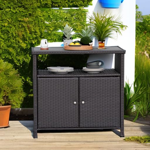 Grand patio Wicker Storage Cabinet Outdoor Waterproof Prep and Bar Table with Two Doors and Shelves 36" Sideboard Dylan for Buffet Kitchen Pool Toys and Garden Potting Outside Brown