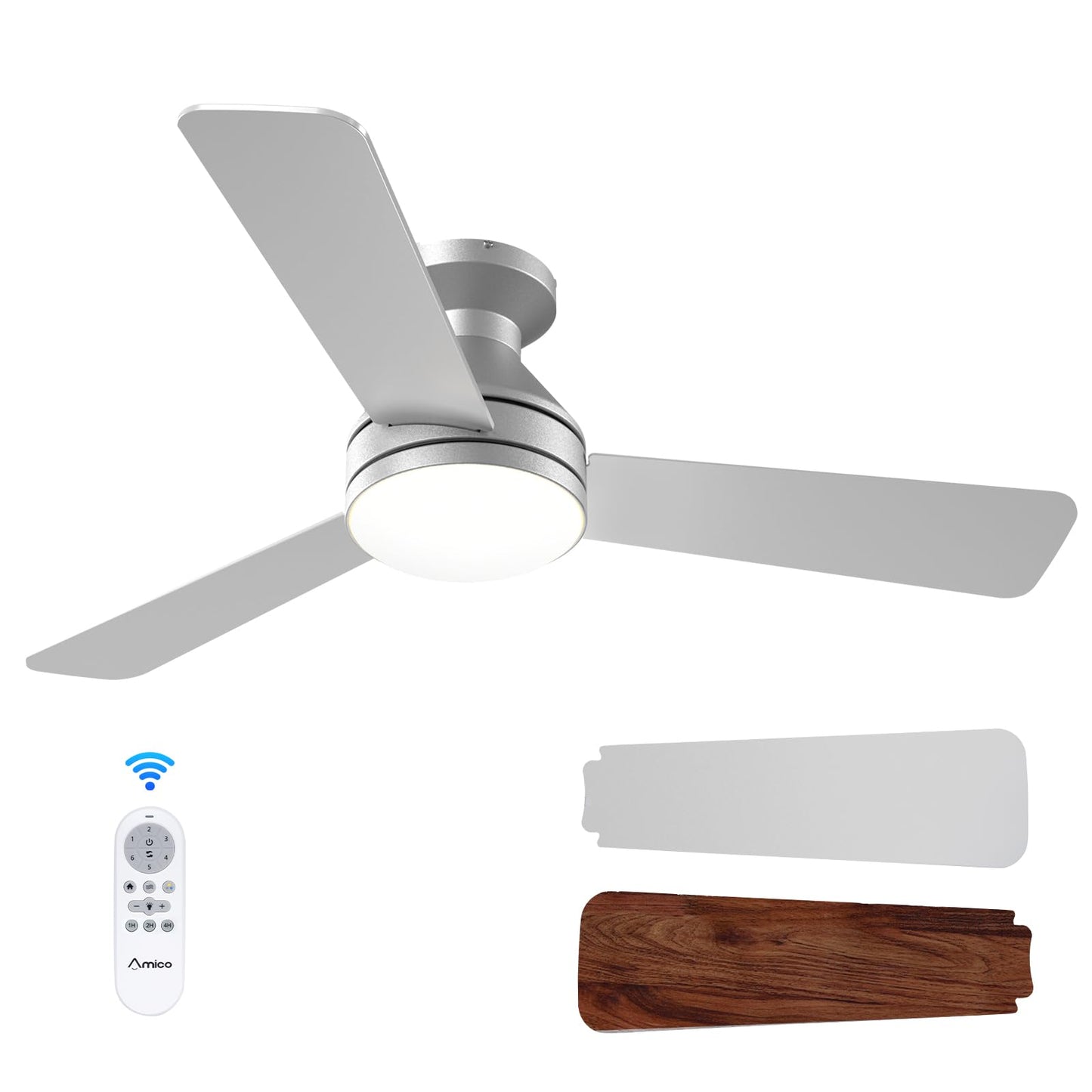 Amico Ceiling Fans with Lights, 42 inch Low Profile Ceiling Fan with Light and Remote Control, Flush Mount, Reversible, 3CCT, Dimmable, Noiseless, Black Ceiling Fan for Bedroom, Indoor/Outdoor Use