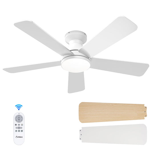 Amico Ceiling Fans with Lights, 42 Inch Low Profile Ceiling Fan with Light and Remote Control, Flush Mount, Reversible, 3CCT, Dimmable, Quiet, White Small Ceiling Fan for Bedroom Outdoor/Indoor Use