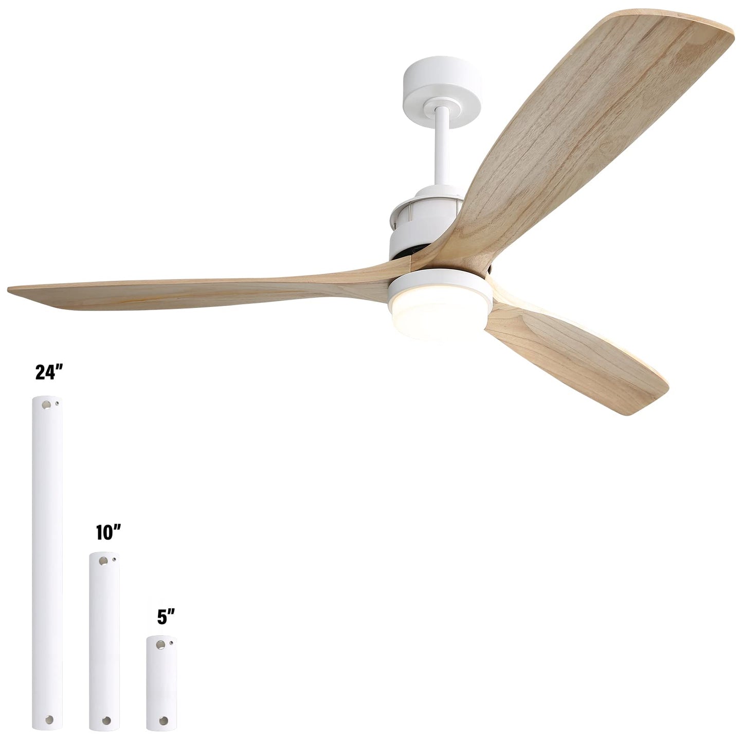 Sofucor 52" Ceiling Fan with Lights Remote Control, 3 Poles for Indoor Outdoor Ceiling Fan with Remote, Reversible Noiseless ETL Motor, 3 Walnut Wooden Blades