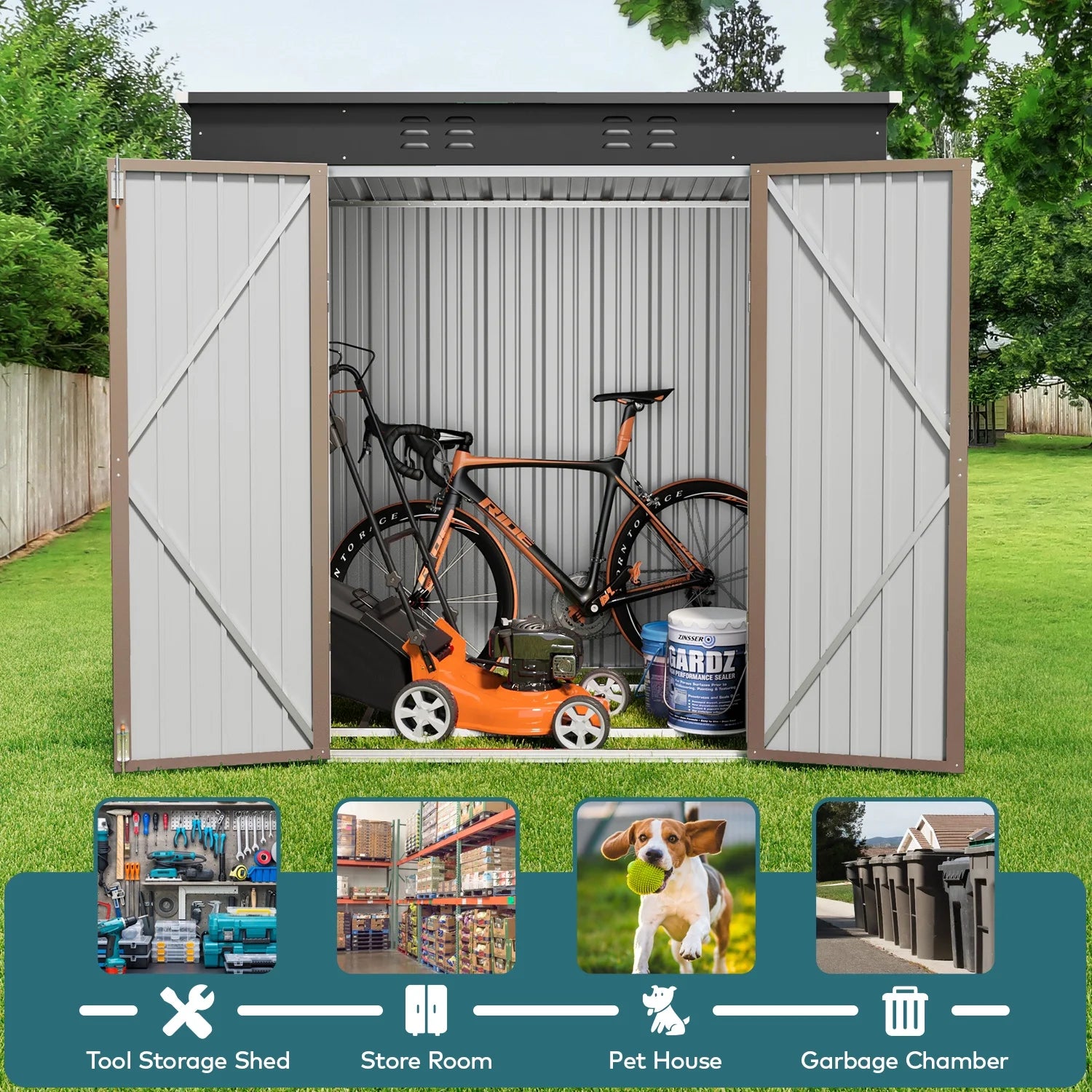 6Ft X 4Ft Outdoor Storage Shed, Metal Garden Shed, Brown