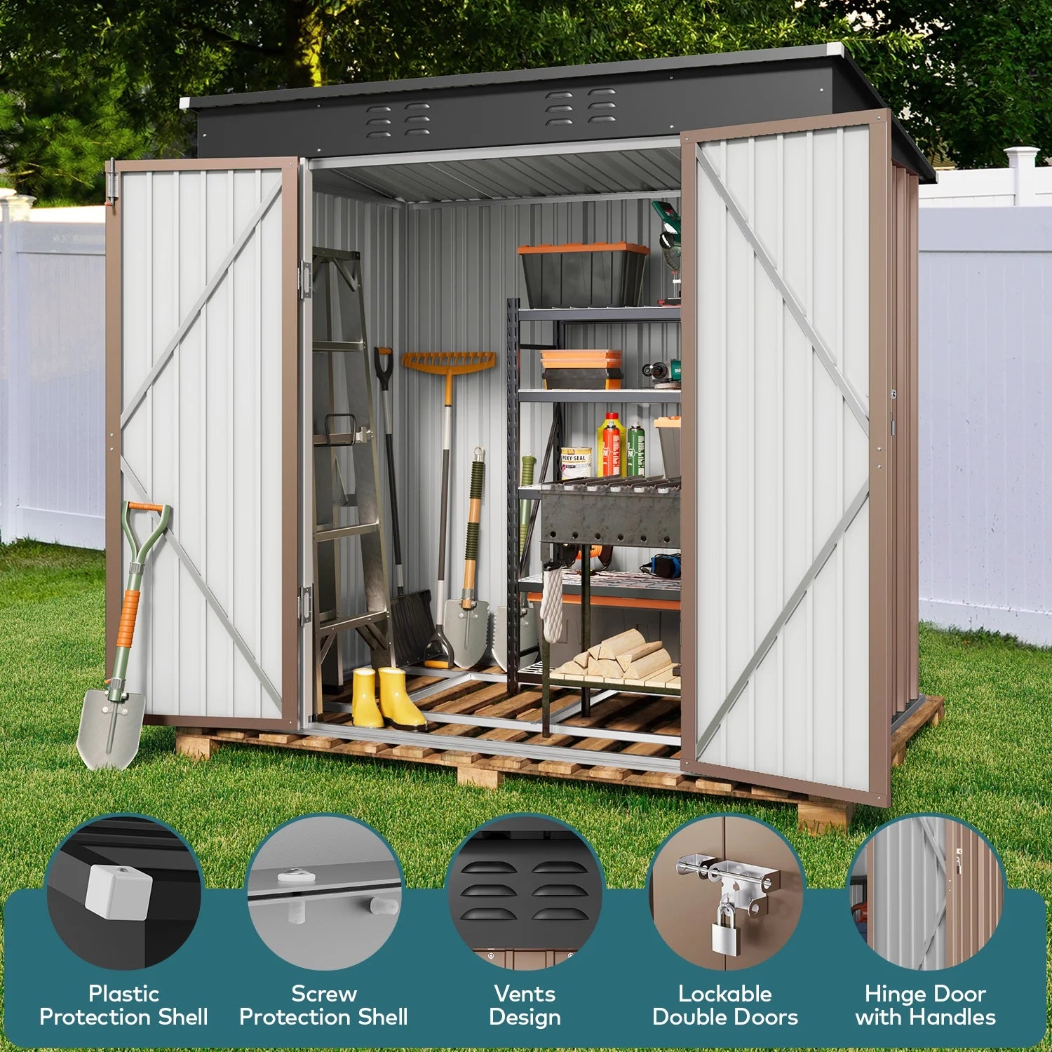 6Ft X 4Ft Outdoor Storage Shed, Metal Garden Shed, Brown