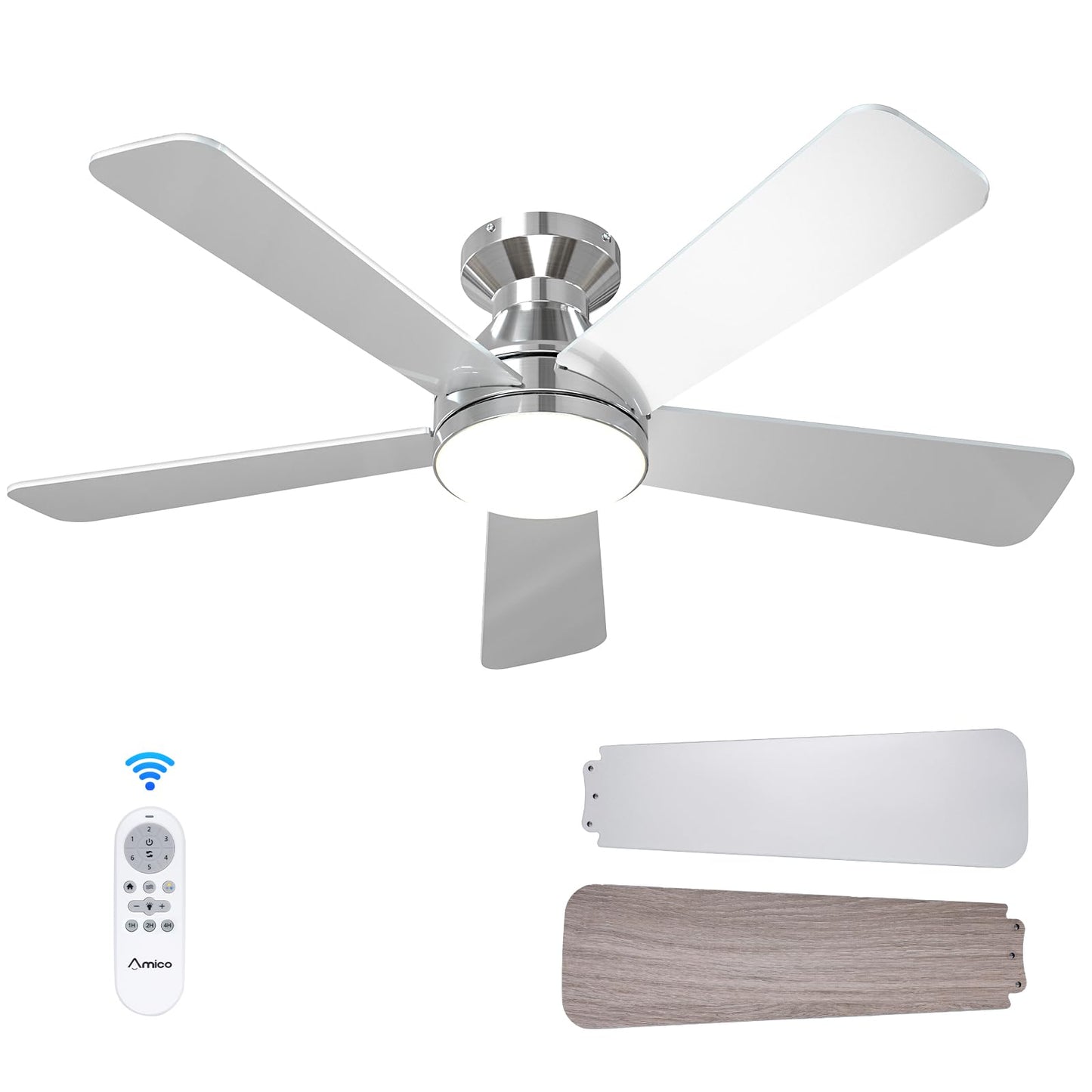 Amico Ceiling Fans with Lights, 42 Inch Low Profile Ceiling Fan with Light and Remote Control, Flush Mount, Reversible, 3CCT, Dimmable, Quiet, White Small Ceiling Fan for Bedroom Outdoor/Indoor Use