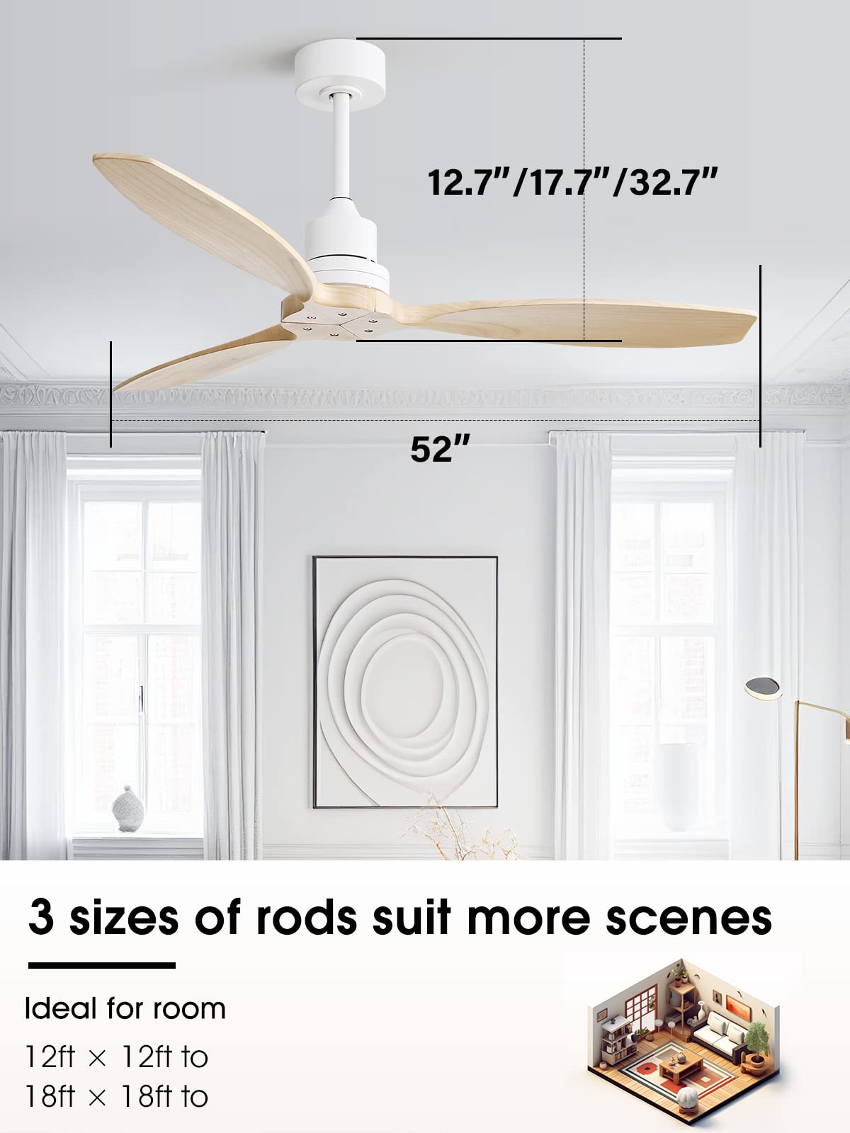 Sofucor 52" Ceiling Fan with Lights Remote Control, 3 Poles for Indoor Outdoor Ceiling Fan with Remote, Reversible Noiseless ETL Motor, 3 Walnut Wooden Blades