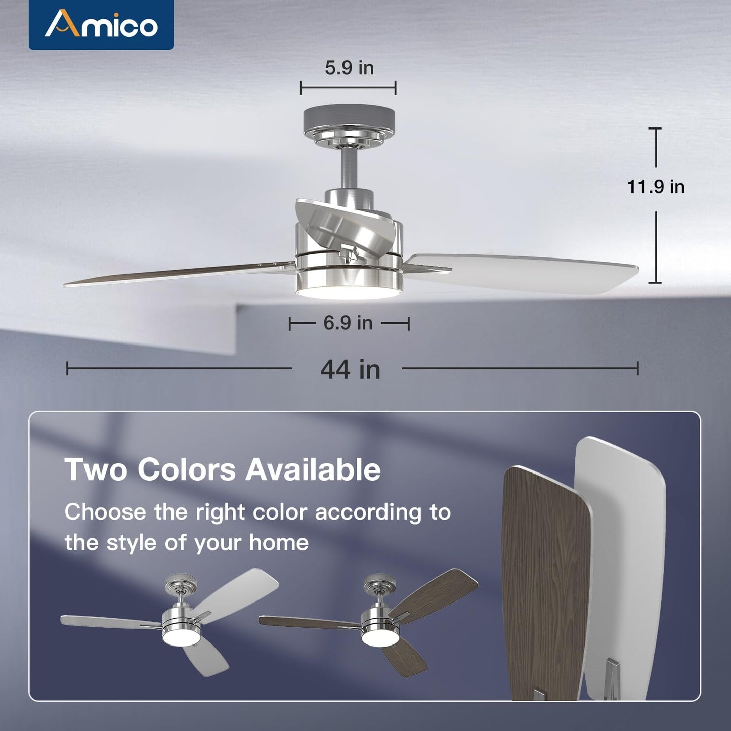 Amico Ceiling Fans with Lights, 44 inch Ceiling Fan with Light and Remote Control, Reversible, 3CCT, Dimmable, Noiseless, Small Black Ceiling Fan for Bedroom, Indoor/Outdoor Use