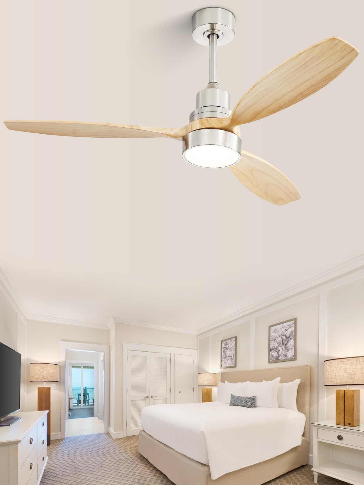 Sofucor 52" Ceiling Fan with Lights Remote Control, 3 Poles for Indoor Outdoor Ceiling Fan with Remote, Reversible Noiseless ETL Motor, 3 Walnut Wooden Blades