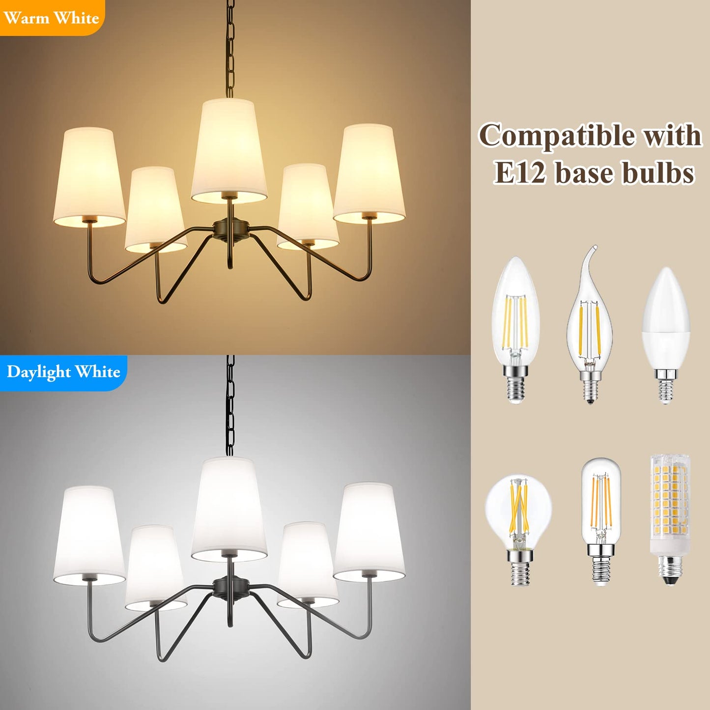 5-Light Modern Chandelier with White Shades, 30” Brass Gold Chandelier for Dining Room, Classic Pendant Ceiling Light Fixture w/ E12 Base Hanging Lamp for Living Room Hallway Bedroom Height Adjustable