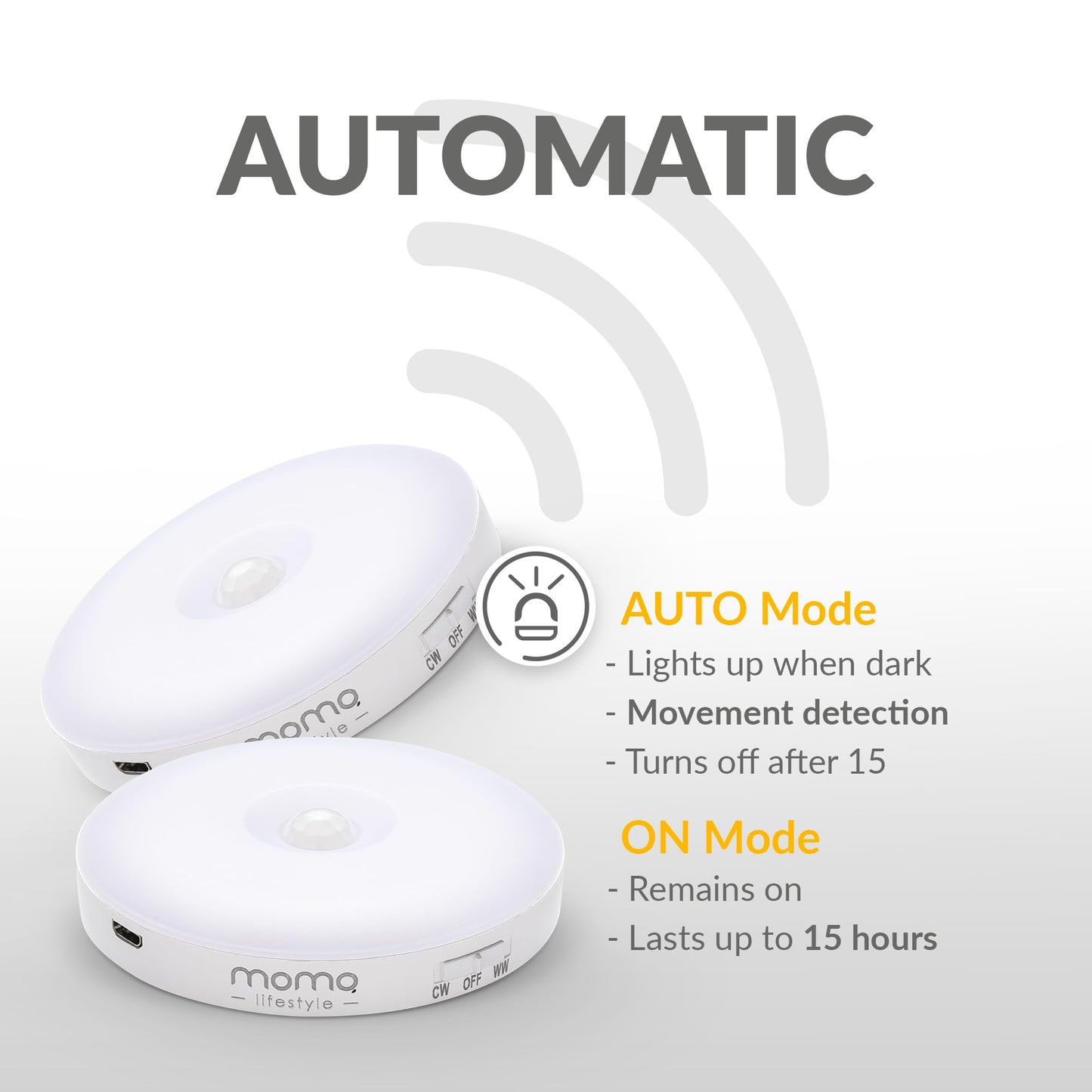 Momo Lifestyle Motion Sensor Night Light, Automatic Under Cabinet Lights USB Rechargeable Battery Warm Yellow 3.7V 500mAh LED Wall Night Light Attachable Everywhere (1 Pack) Luzinha