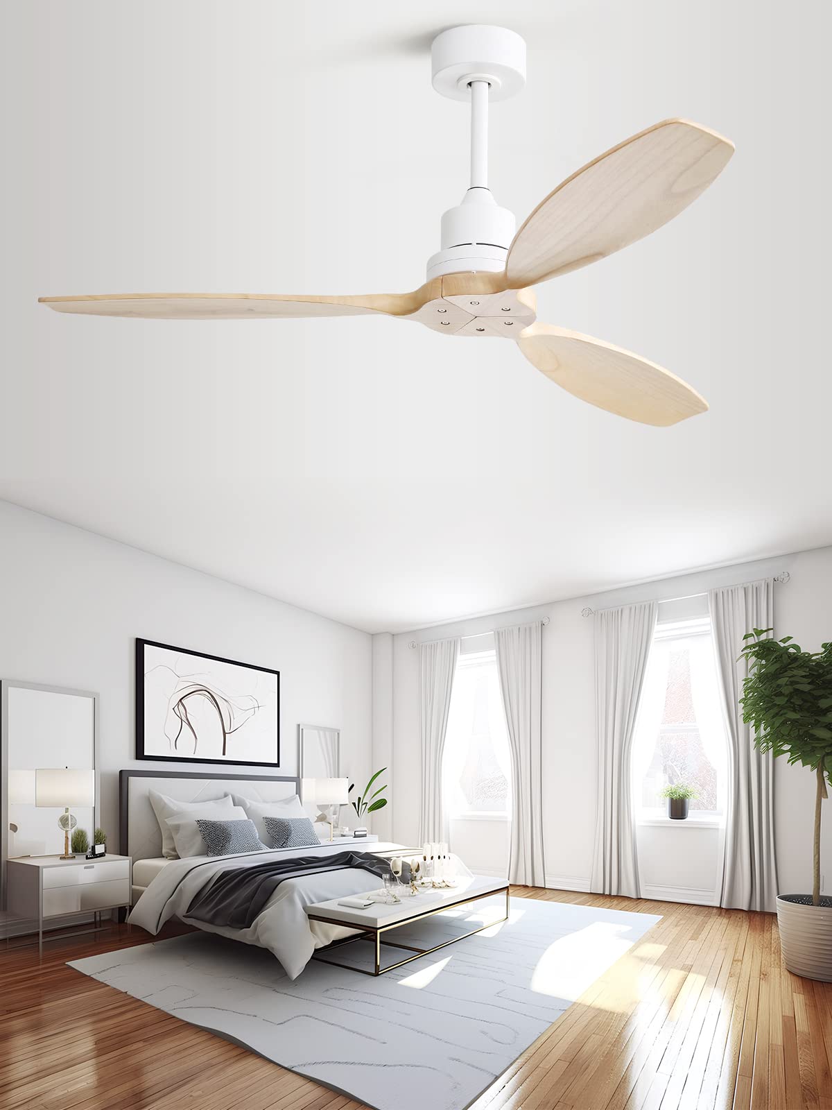 Sofucor 52" Ceiling Fan with Lights Remote Control, 3 Poles for Indoor Outdoor Ceiling Fan with Remote, Reversible Noiseless ETL Motor, 3 Walnut Wooden Blades