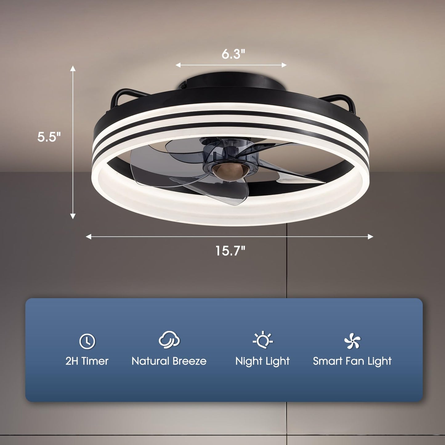 Flush Mount Ceiling Fan with Lights and Remote 20" (Black)