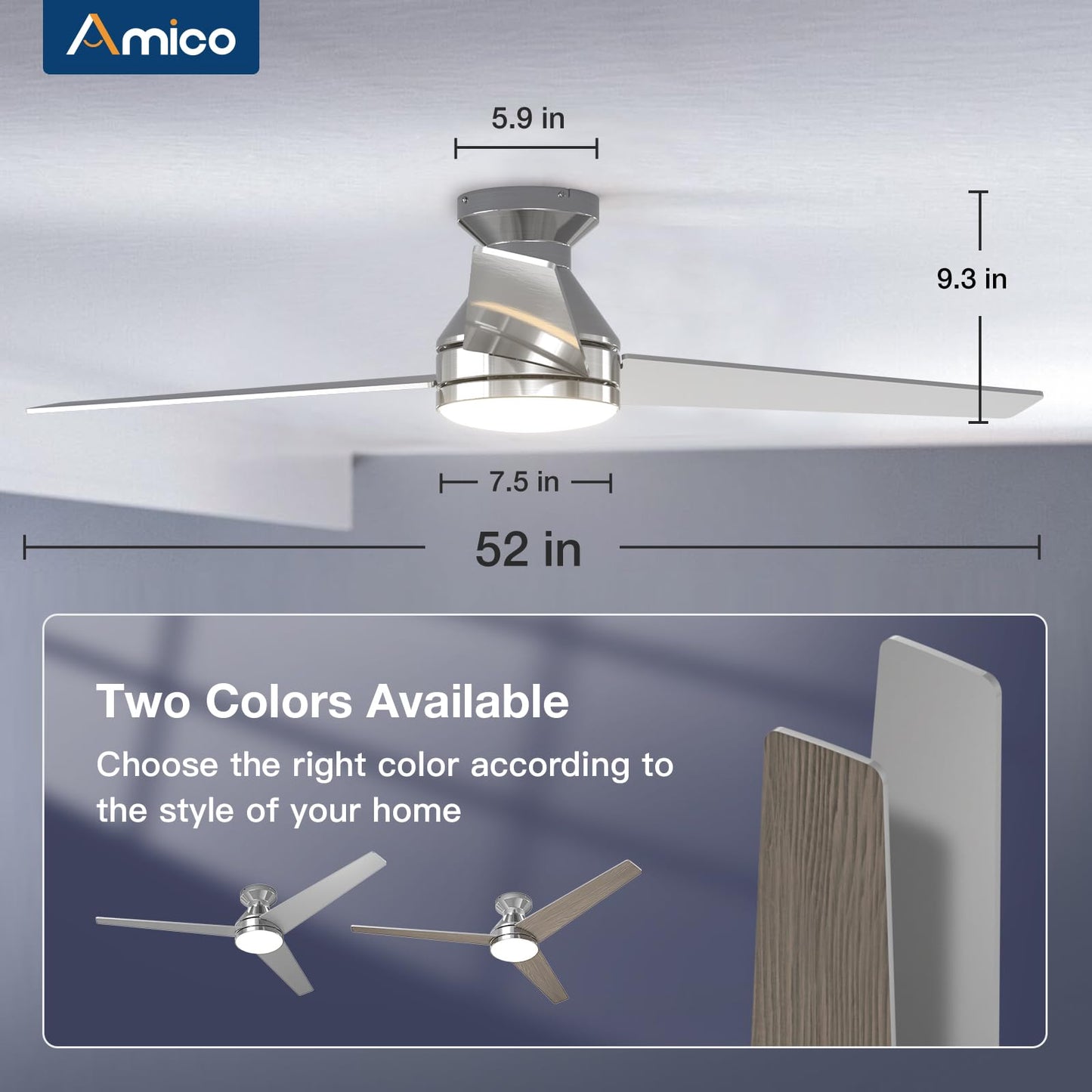 Amico Ceiling Fans with Lights, 42 inch Low Profile Ceiling Fan with Light and Remote Control, Flush Mount, Reversible, 3CCT, Dimmable, Noiseless, Black Ceiling Fan for Bedroom, Indoor/Outdoor Use