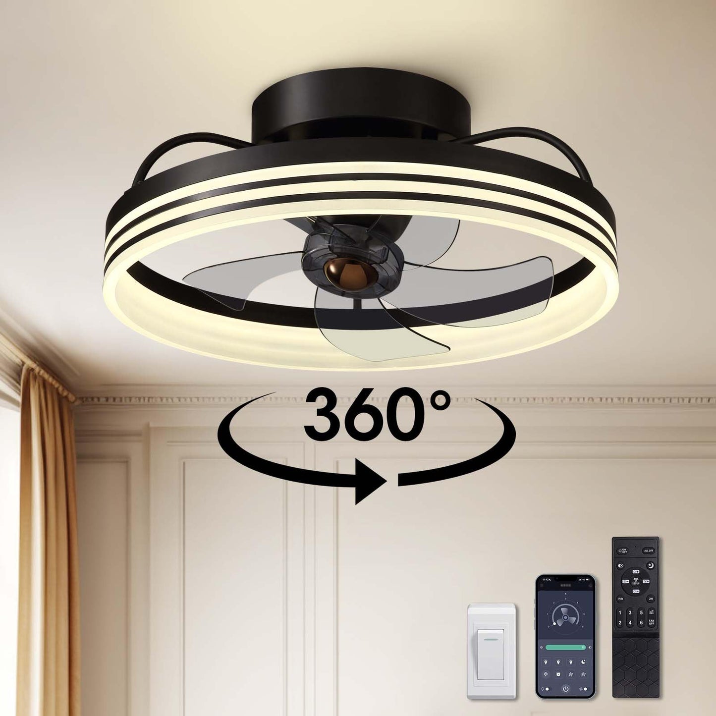 Flush Mount Ceiling Fan with Lights and Remote 20" (Black)