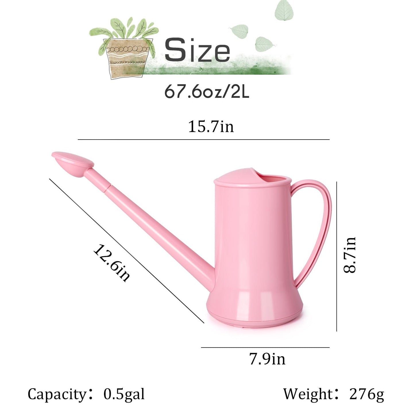 XXXFLOWER 1/2 Gallon Small Indoor Plant Watering Can, 2L Long Spout Removable Nozzle Flower Watering Pot for Office House Indoor Garden（Pink,67 oz）