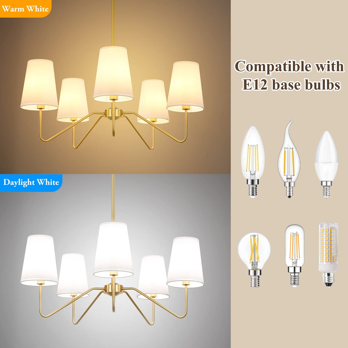 5-Light Modern Chandelier with White Shades, 30” Brass Gold Chandelier for Dining Room, Classic Pendant Ceiling Light Fixture w/ E12 Base Hanging Lamp for Living Room Hallway Bedroom Height Adjustable