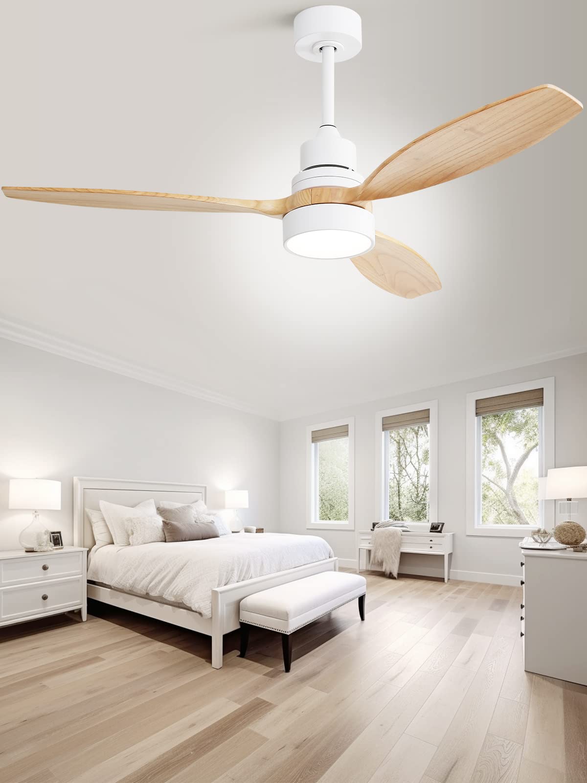 Sofucor 52" Ceiling Fan with Lights Remote Control, 3 Poles for Indoor Outdoor Ceiling Fan with Remote, Reversible Noiseless ETL Motor, 3 Walnut Wooden Blades