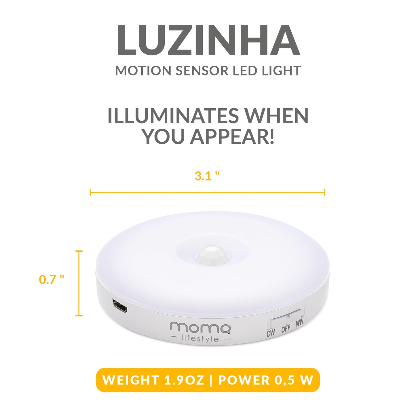 Momo Lifestyle Motion Sensor Night Light, Automatic Under Cabinet Lights USB Rechargeable Battery Warm Yellow 3.7V 500mAh LED Wall Night Light Attachable Everywhere (1 Pack) Luzinha