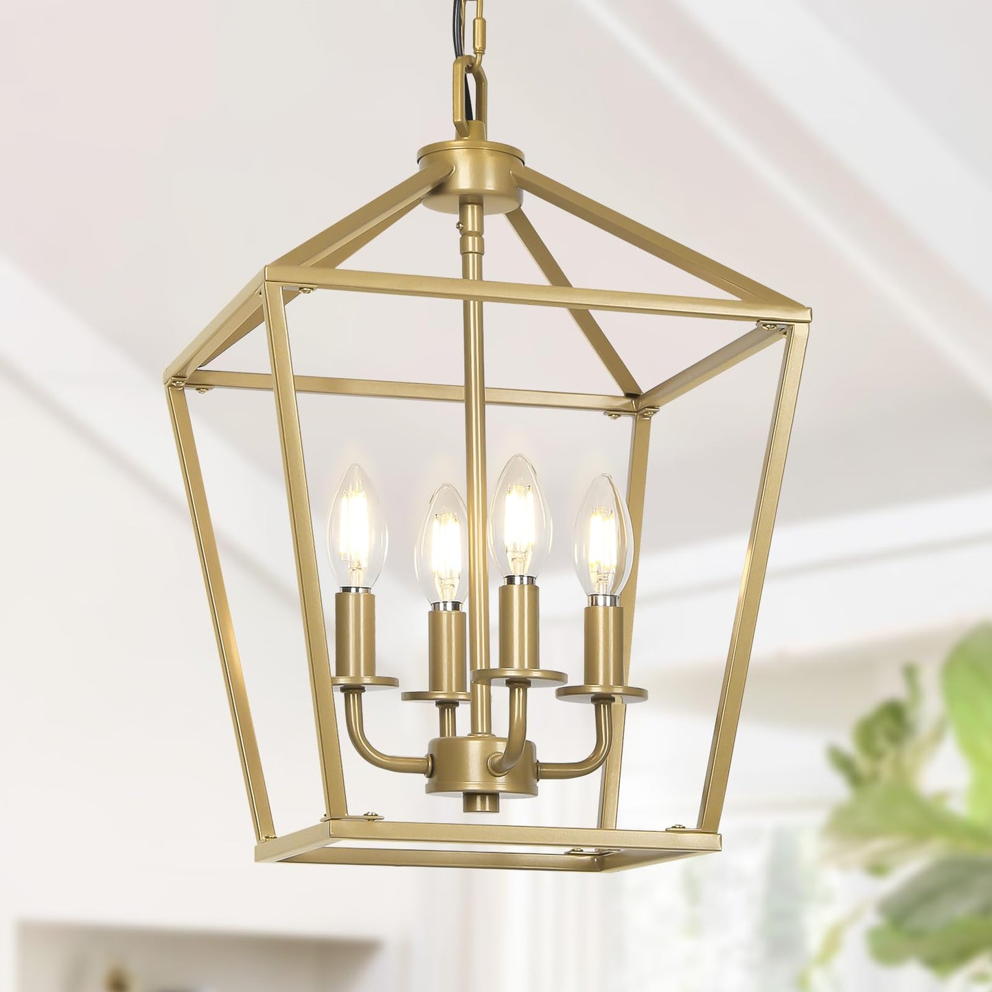 4 Light Chandelier, Industrial Ceiling Light Black Lantern Light Fixtures with Farmhouse Metal Cage Adjustable Height Rustic Geometric Hanging Light E12 Base for Kitchen Island, Entryway, Indoor