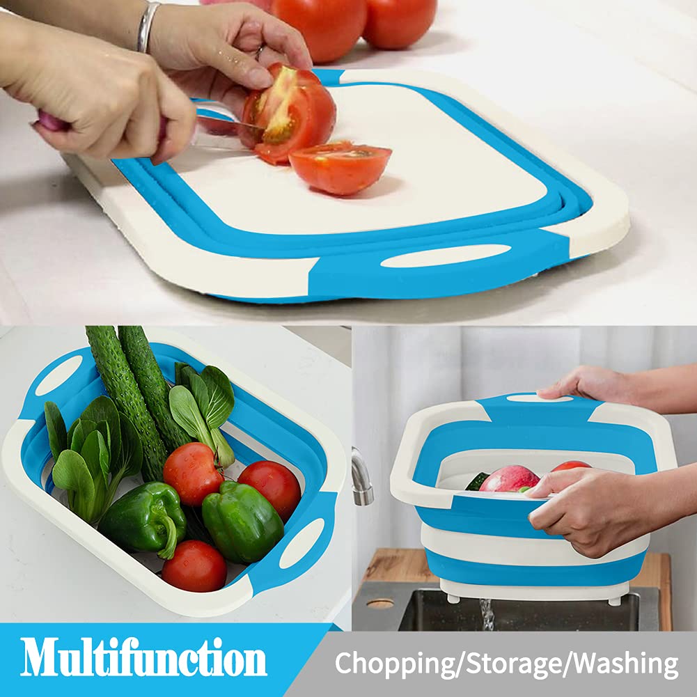 Rottogoon Collapsible Cutting Board, Foldable Chopping Board with Colander, Multifunctional Kitchen Vegetable Washing Basket Silicone Dish Tub for BBQ Prep/Picnic/Camping(Orange)